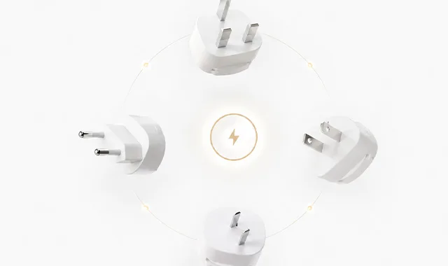 Bir güç sembolünün etrafına dizilmiş uluslararası fiş adaptörleri