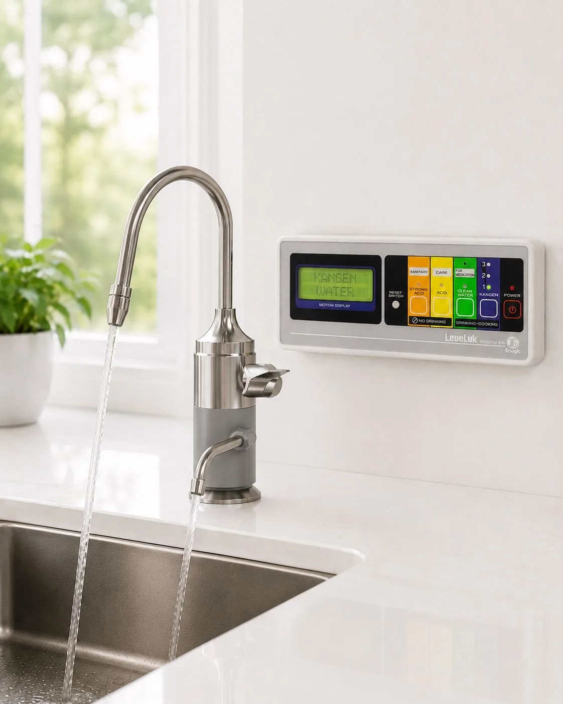 Bir mutfak lavabo alanına entegre edilmiş LeveLuk SD501U musluğu ve kontrol paneli